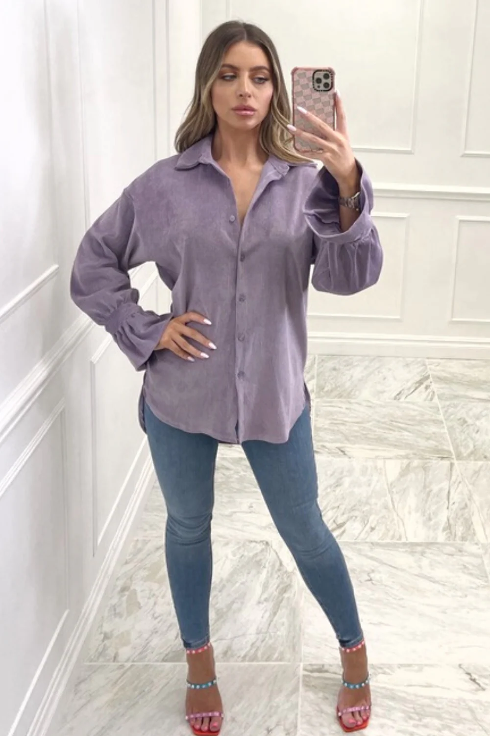 Amber lilac towelling button up pleat cuff shirt