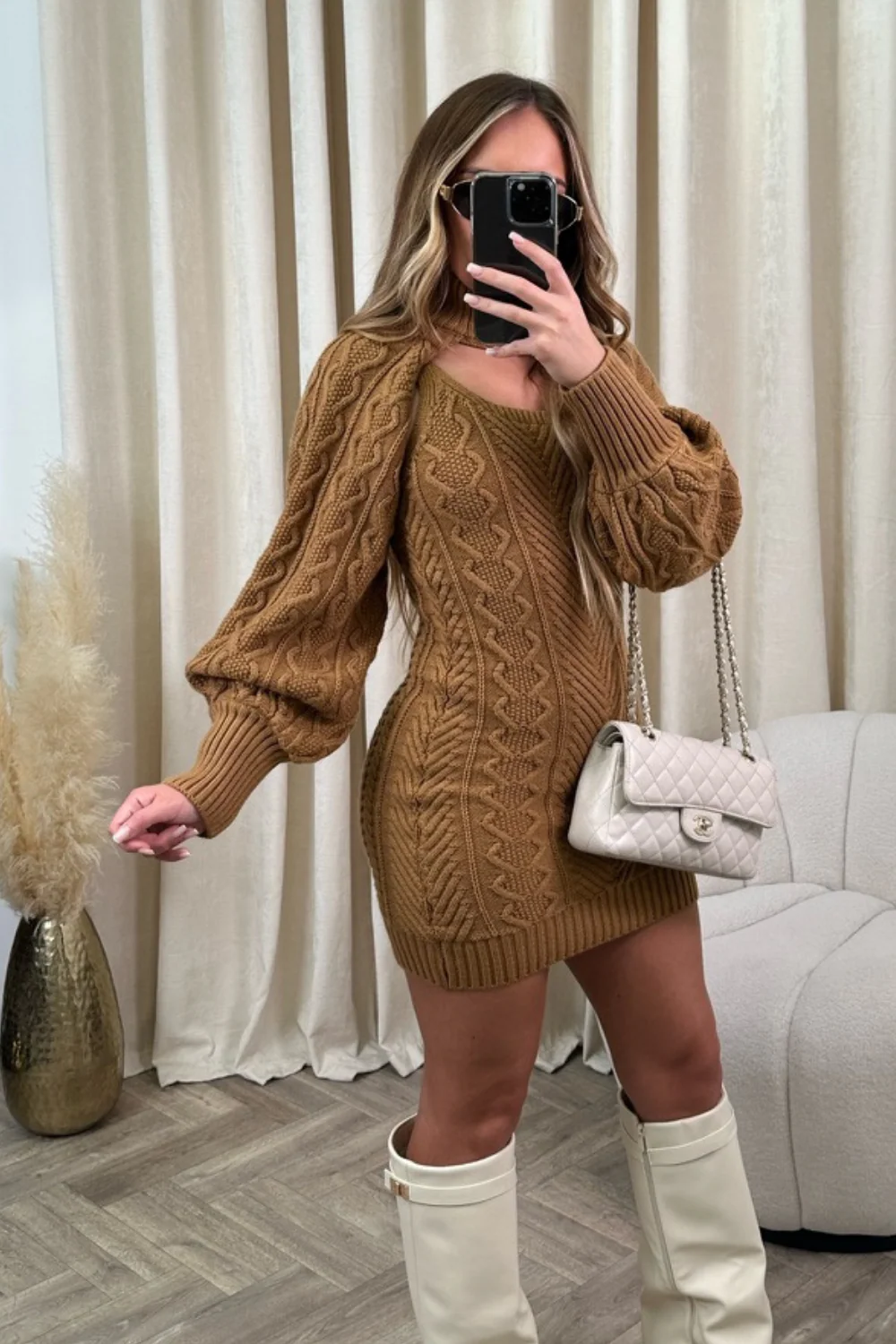Candice Camel Cable Knit Two Piece Dress