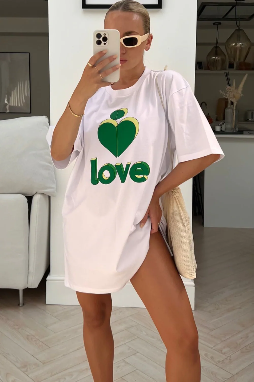 Love heart green & white printed T-shirt dress