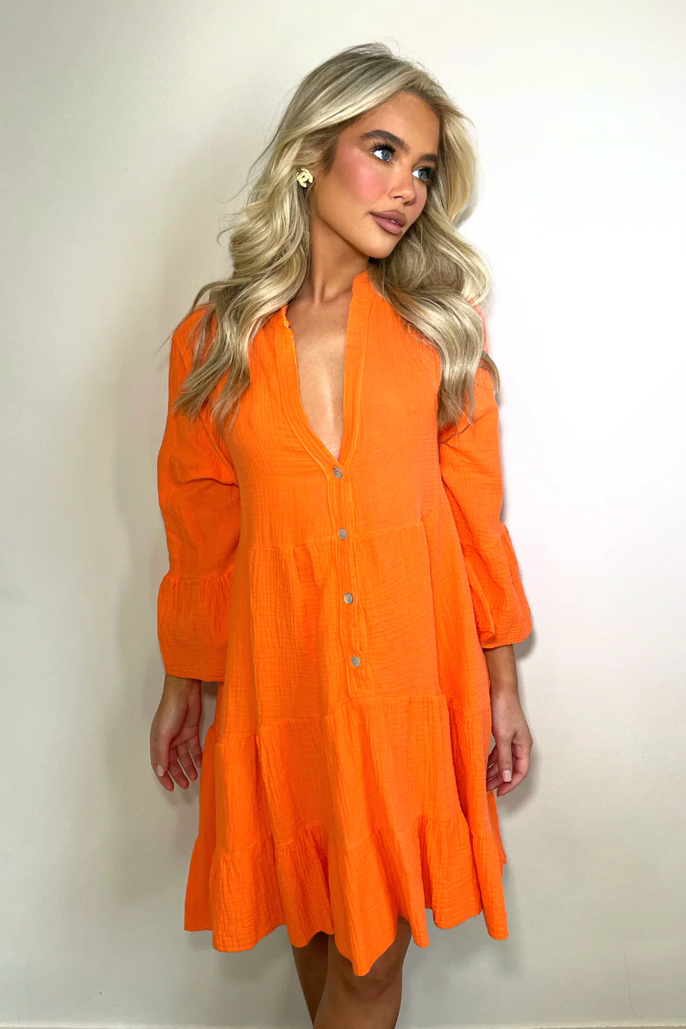 Sandy orange cheesecloth button up smock dress