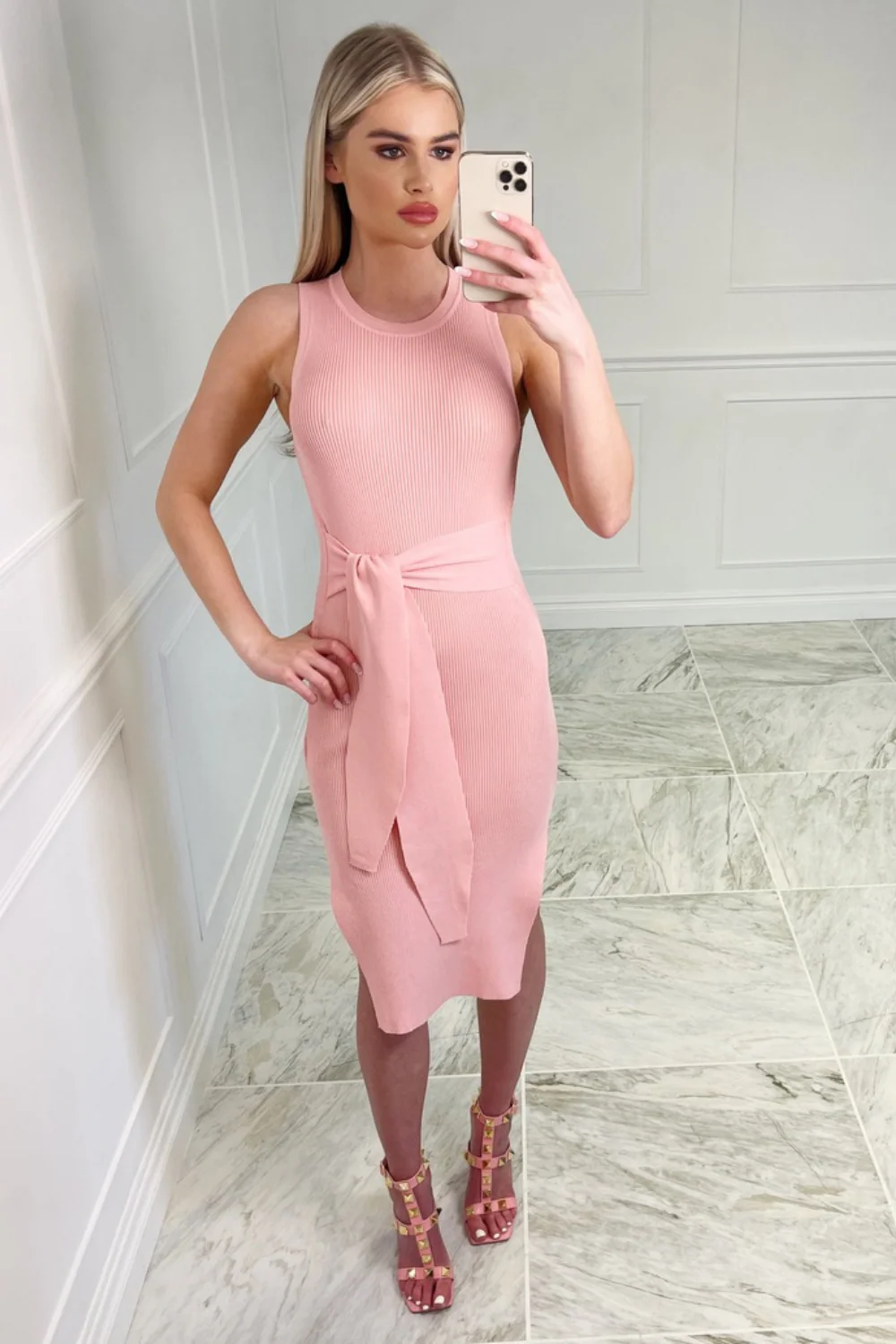 Georgia PINK round neck ribbed midi dress