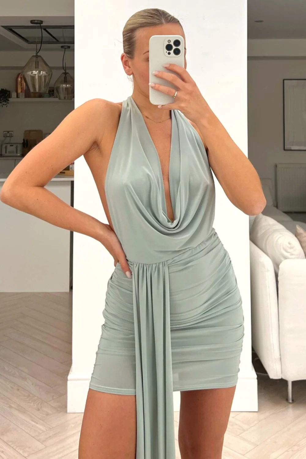 Natalie Sage Green Halter neck dress
