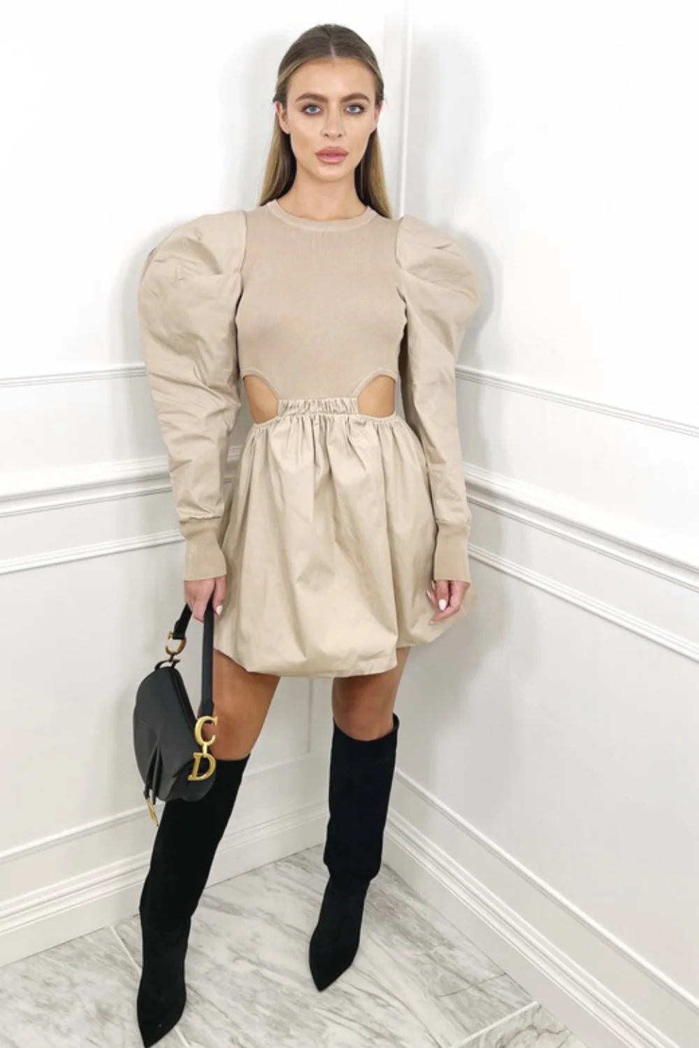 Tyler beige cut out knitted puff sleeve dress