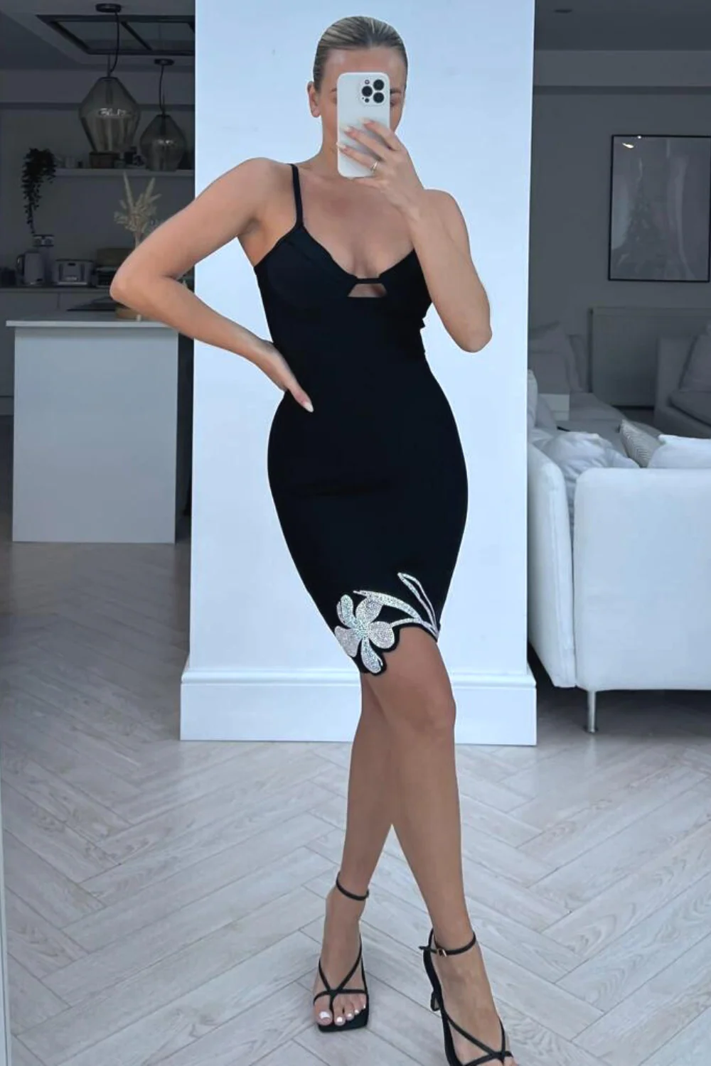 pearl black diamante embellished mini dress